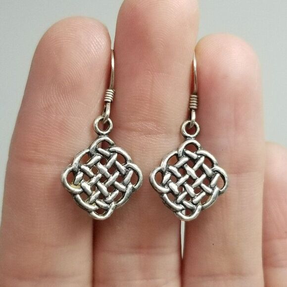 Vintage Sterling Silver Celtic Knot Style Dangle Earrings, 925 Hooks, Estate - Picture 6 of 7